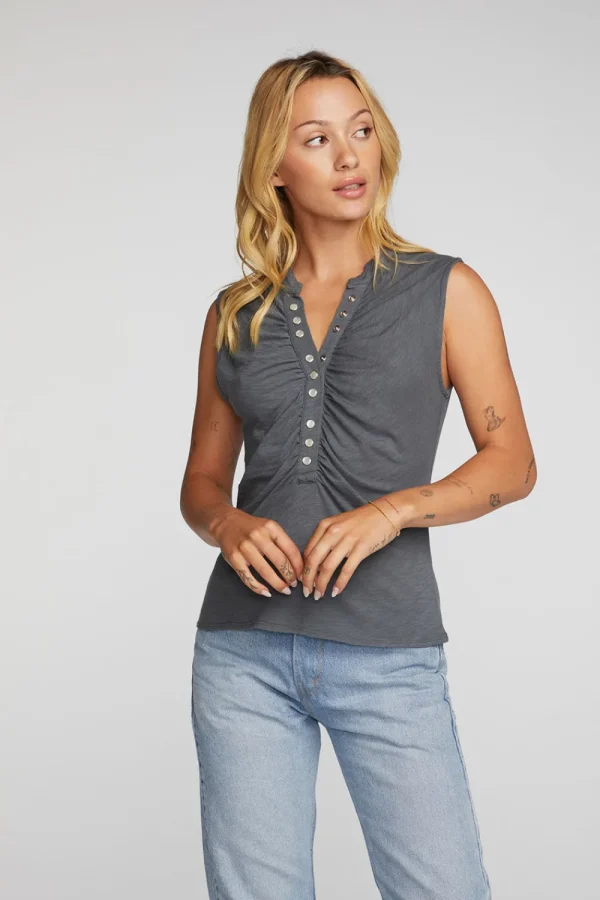 Sale Gauze Jersey Snap Down Tank With Shirring Women Loungewear | Tops