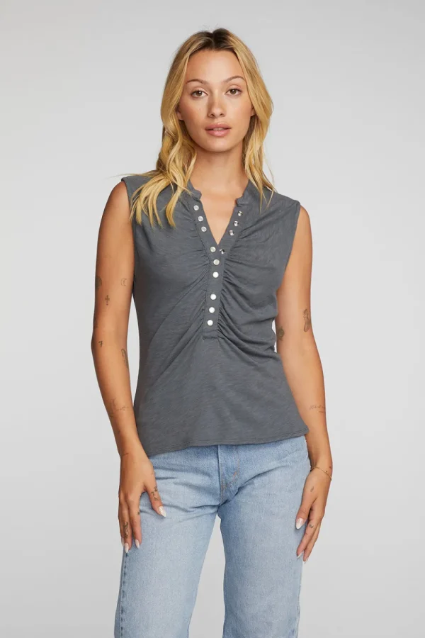 Sale Gauze Jersey Snap Down Tank With Shirring Women Loungewear | Tops