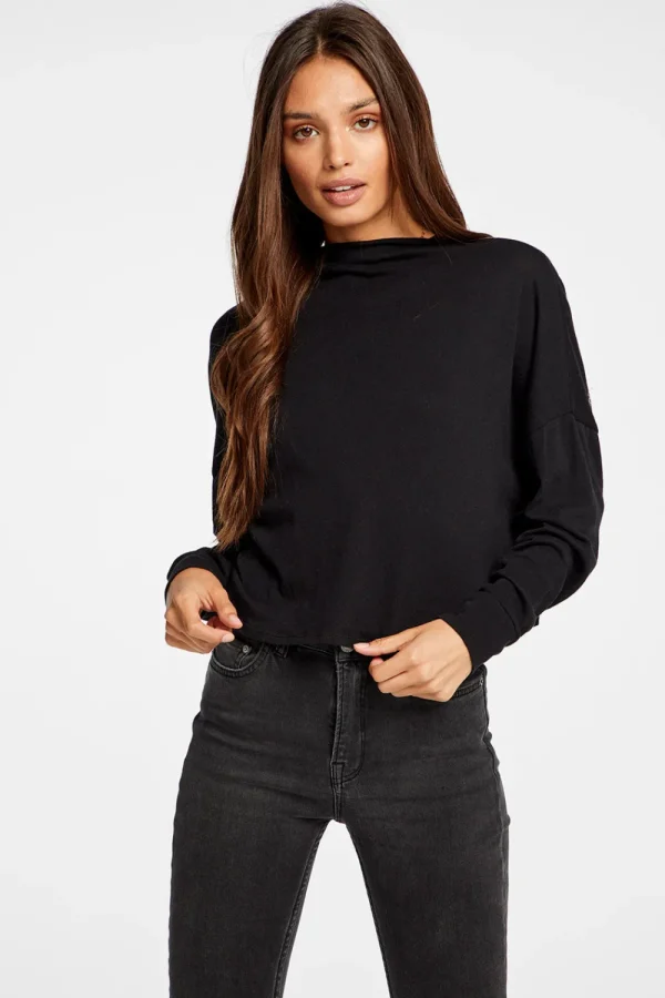 Fashion Gauzy Cotton Funnel Neck Drop Shoulder Dolman Tee Women Tops