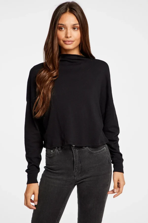 Fashion Gauzy Cotton Funnel Neck Drop Shoulder Dolman Tee Women Tops