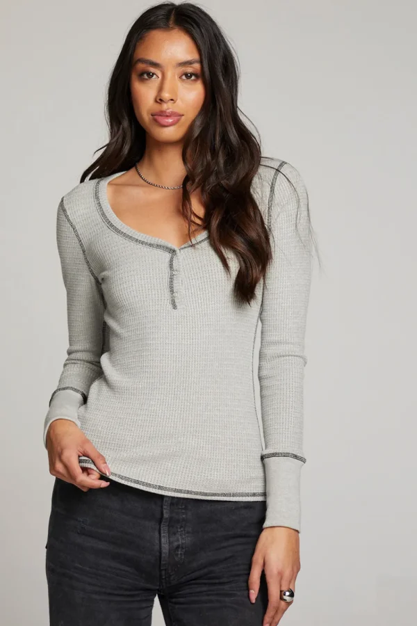 Best Sale Heather Grey Long Sleeve Henley Women Loungewear | Tops