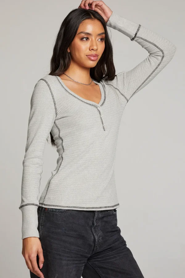 Best Sale Heather Grey Long Sleeve Henley Women Loungewear | Tops