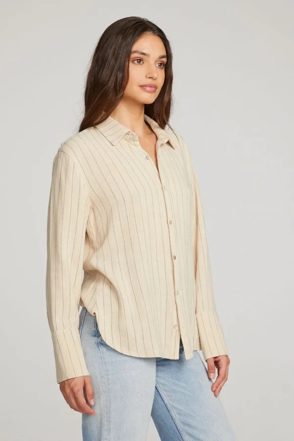 Best Helena White Pinstripe Button Down Women Loungewear | Tops