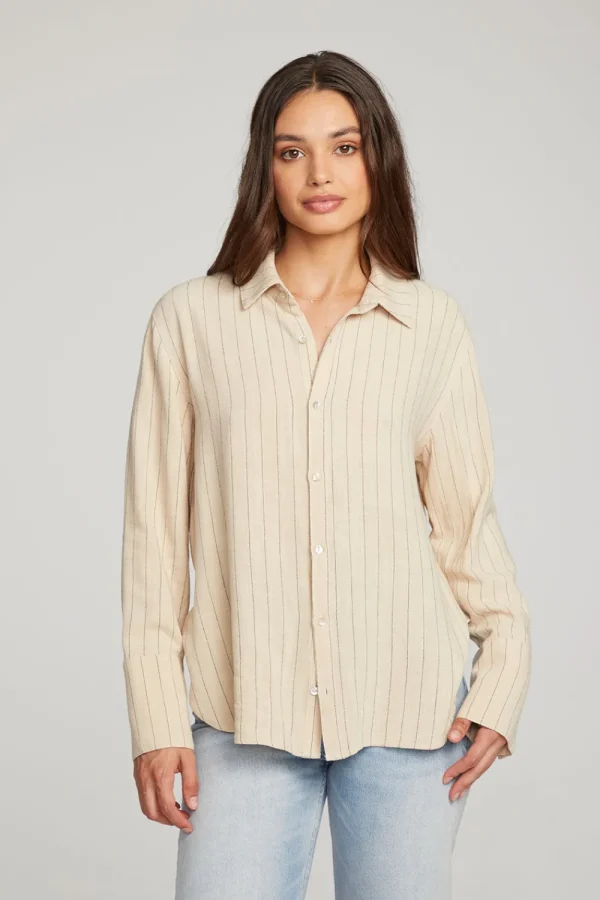Best Helena White Pinstripe Button Down Women Loungewear | Tops