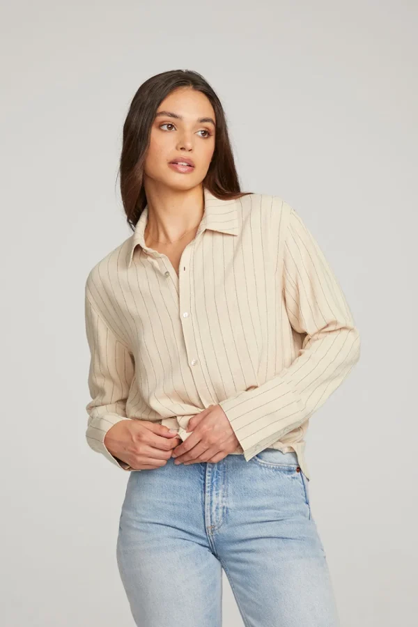 Best Helena White Pinstripe Button Down Women Loungewear | Tops