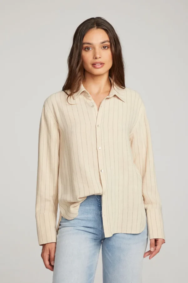 Best Helena White Pinstripe Button Down Women Loungewear | Tops