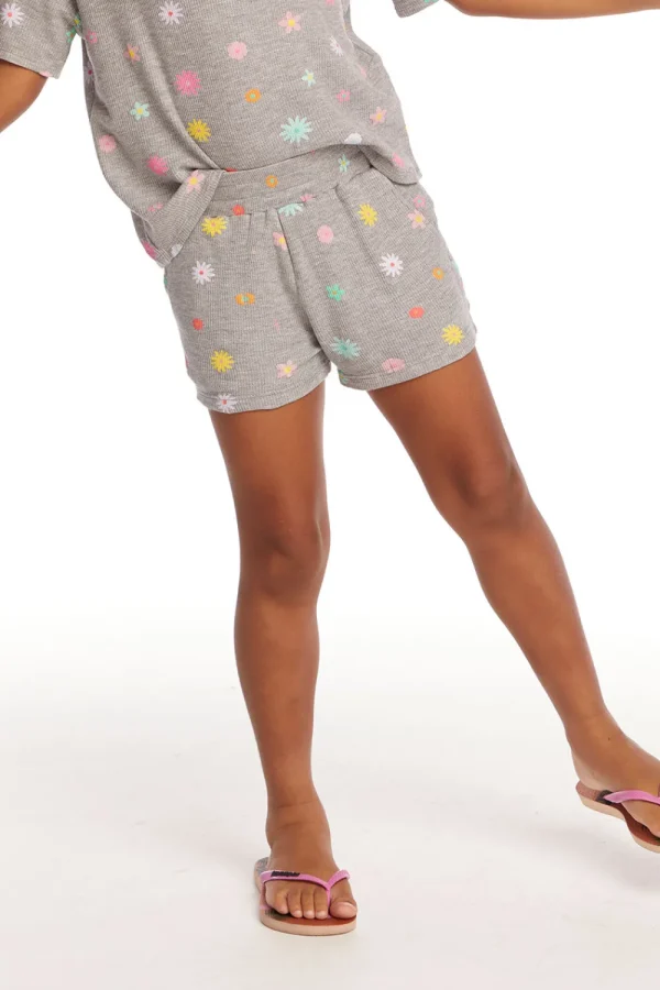 Cheap Jade Embroidered Flowers Waffle Knit Girls Short Kids Girls