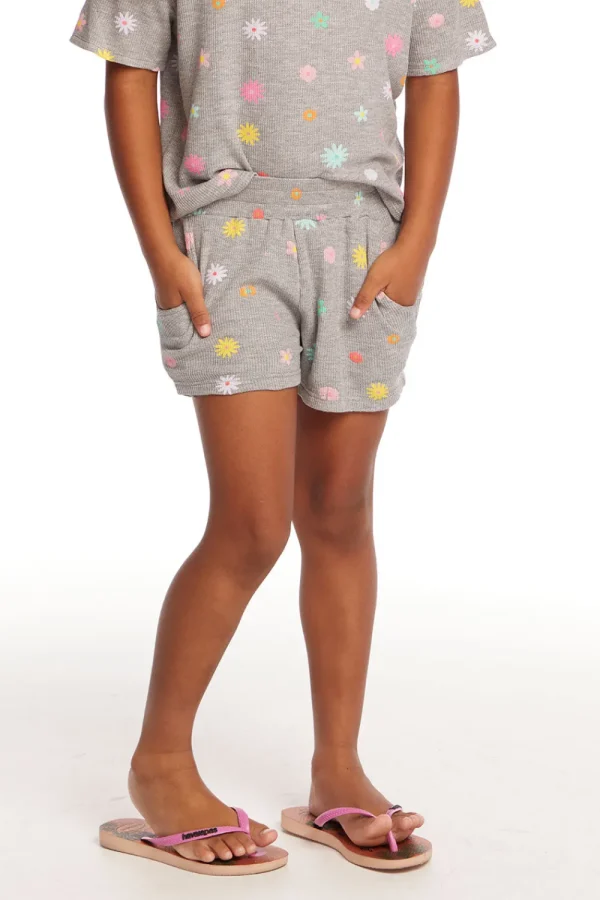 Cheap Jade Embroidered Flowers Waffle Knit Girls Short Kids Girls