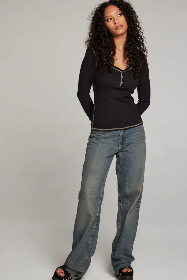 Cheap Licorice Long Sleeve Henley Women Loungewear | Tops