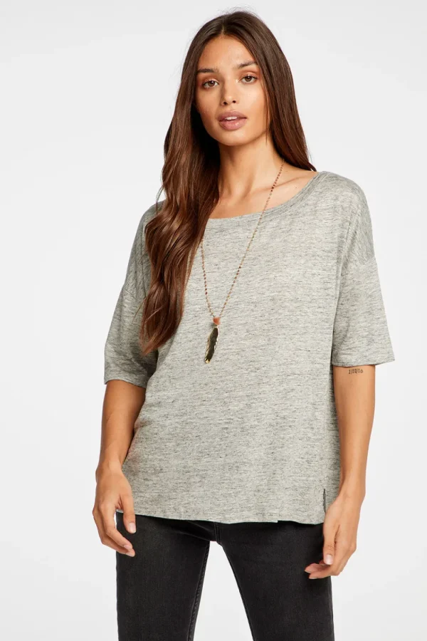 Clearance Linen Jersey Cropped Short Sleeve Boxy Hi Lo Tee Women Tops
