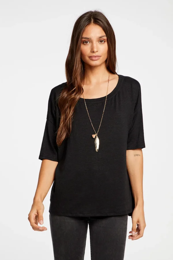 Clearance Linen Jersey Cropped Short Sleeve Boxy Hi Lo Tee Women Tops