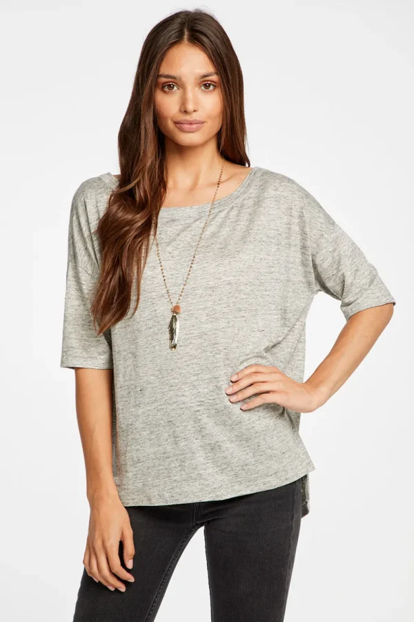 Clearance Linen Jersey Cropped Short Sleeve Boxy Hi Lo Tee Women Tops