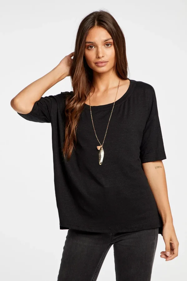 Clearance Linen Jersey Cropped Short Sleeve Boxy Hi Lo Tee Women Tops