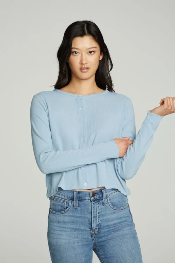 Clearance Long Sleeve Button Down Semi Cropped Tee Women Tops