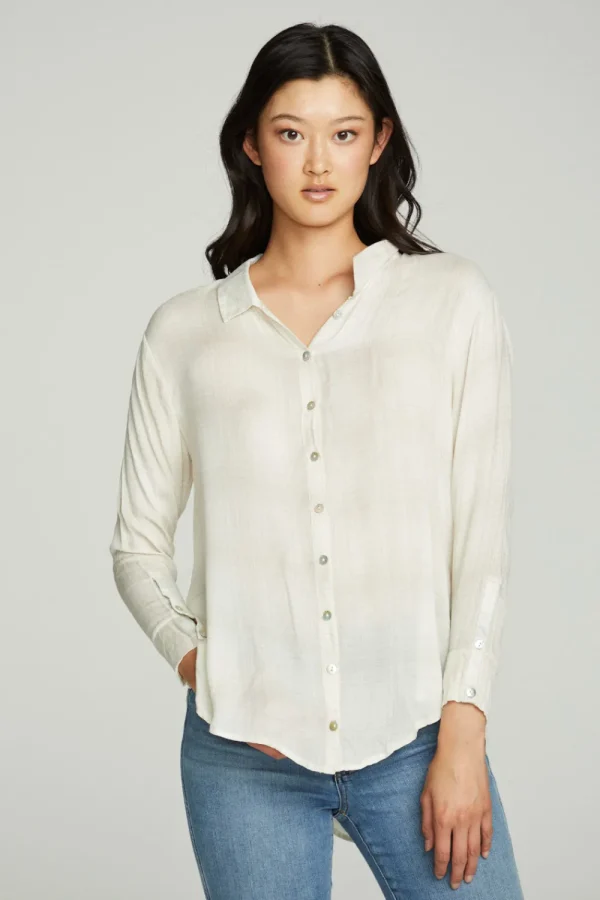 Cheap Long Sleeve Drop Shoulder Hi Lo Button Down Shirttail Tunic Women Tops