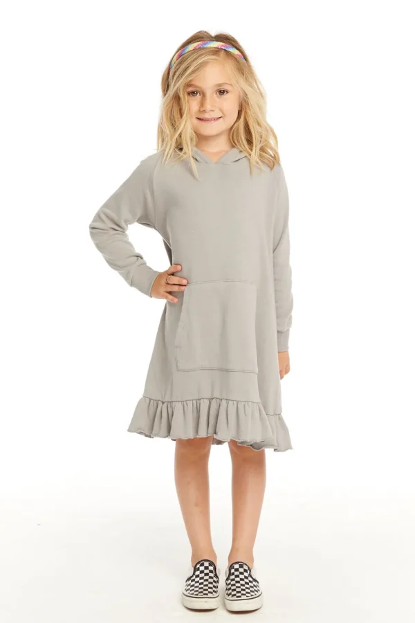 Online Long Sleeve Gravel Grey Hooded Ruffle Hem Dress Kids Girls
