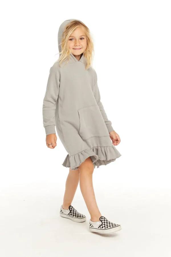 Online Long Sleeve Gravel Grey Hooded Ruffle Hem Dress Kids Girls