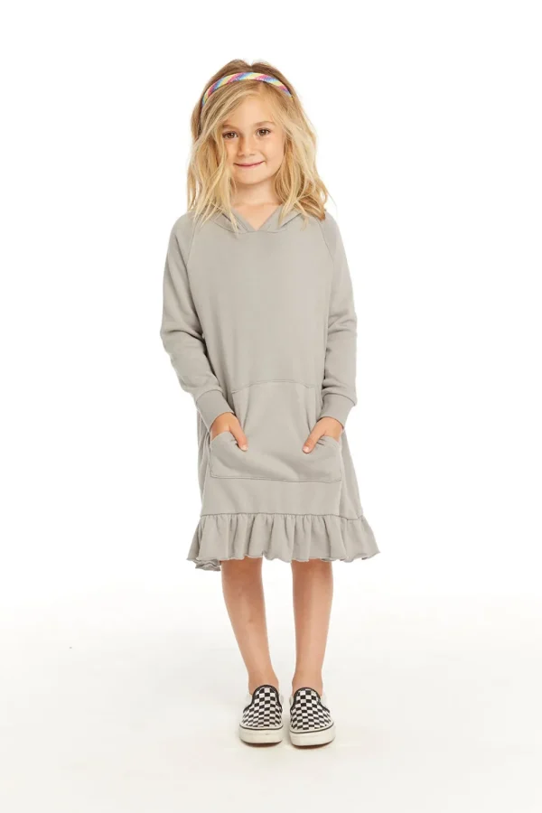 Online Long Sleeve Gravel Grey Hooded Ruffle Hem Dress Kids Girls