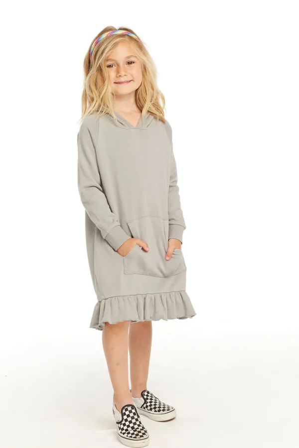 Online Long Sleeve Gravel Grey Hooded Ruffle Hem Dress Kids Girls