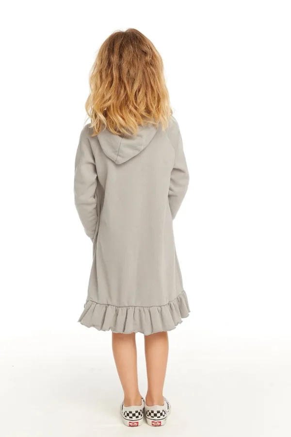 Online Long Sleeve Gravel Grey Hooded Ruffle Hem Dress Kids Girls