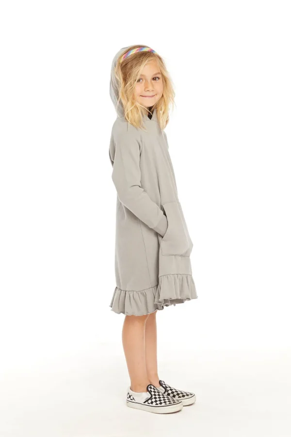 Online Long Sleeve Gravel Grey Hooded Ruffle Hem Dress Kids Girls