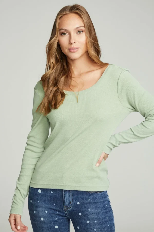 Cheap Long Sleeve Shirred V-back Tee Women Tops
