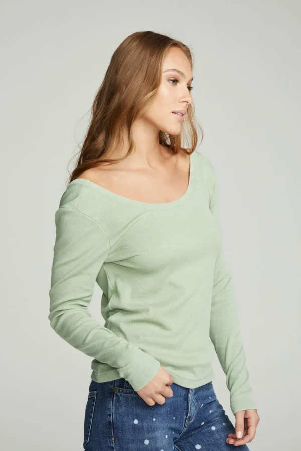 Cheap Long Sleeve Shirred V-back Tee Women Tops