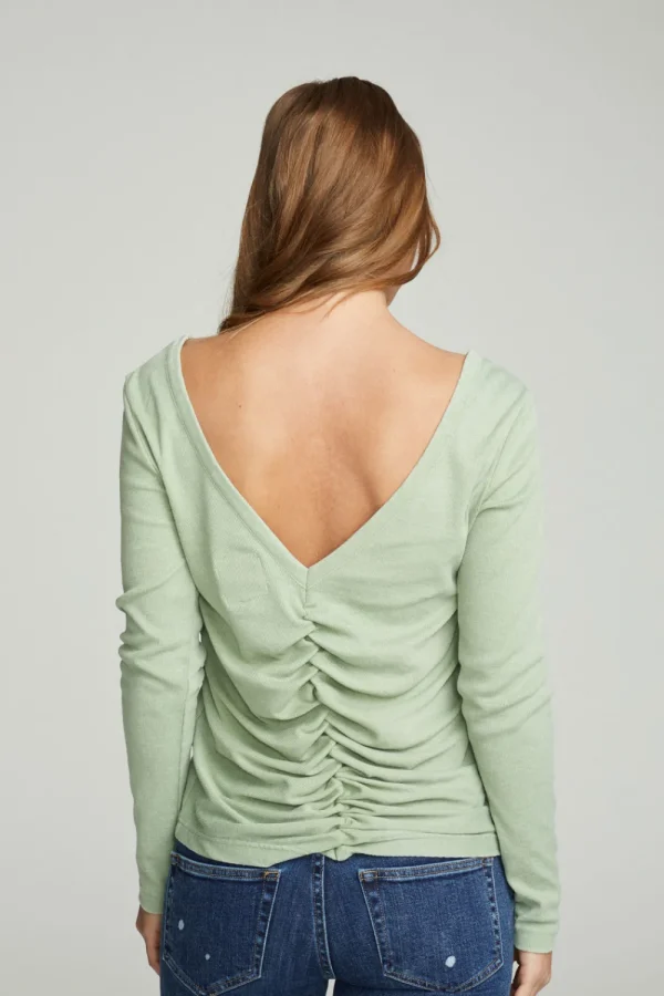 Cheap Long Sleeve Shirred V-back Tee Women Tops
