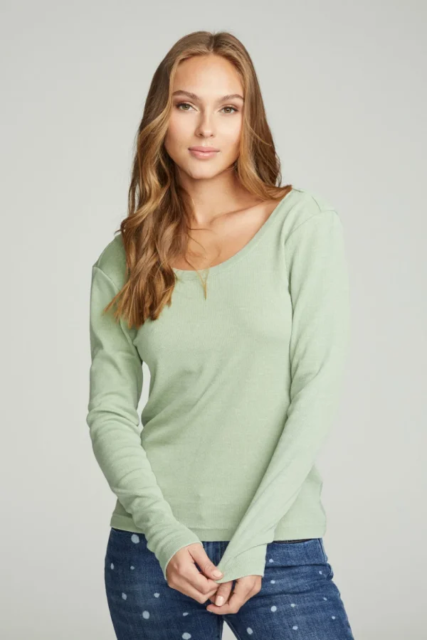 Cheap Long Sleeve Shirred V-back Tee Women Tops