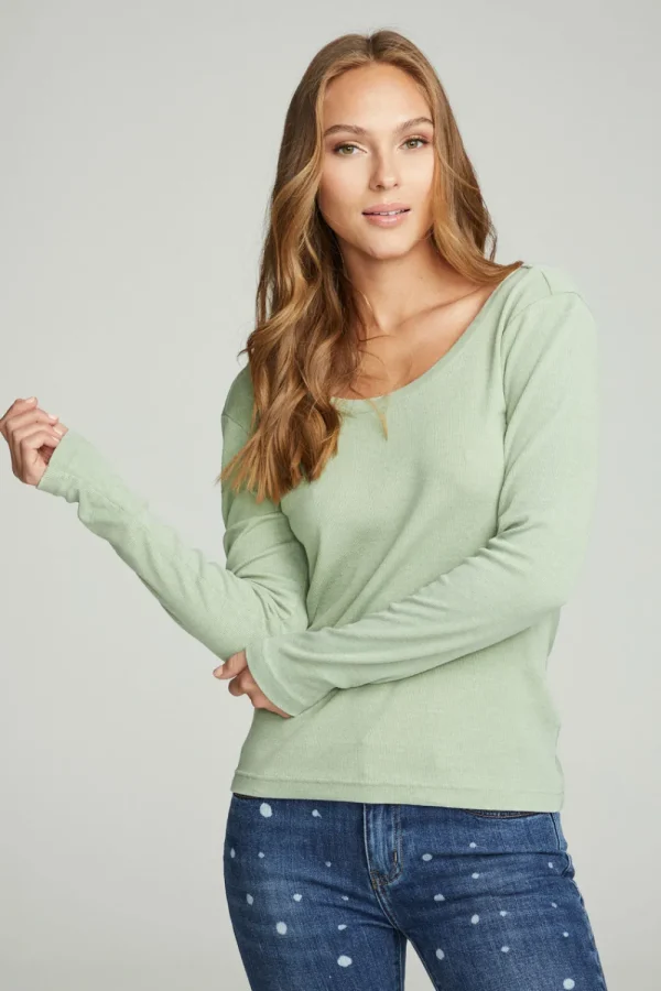 Cheap Long Sleeve Shirred V-back Tee Women Tops