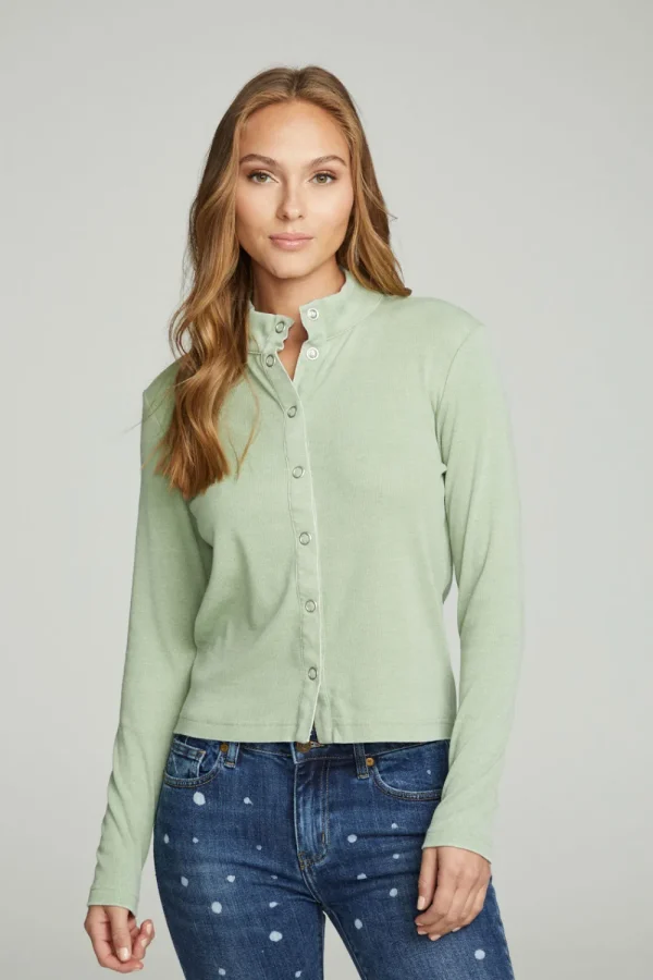 Fashion Long Sleeve Snap Front Mock Neck Tee Women Tops