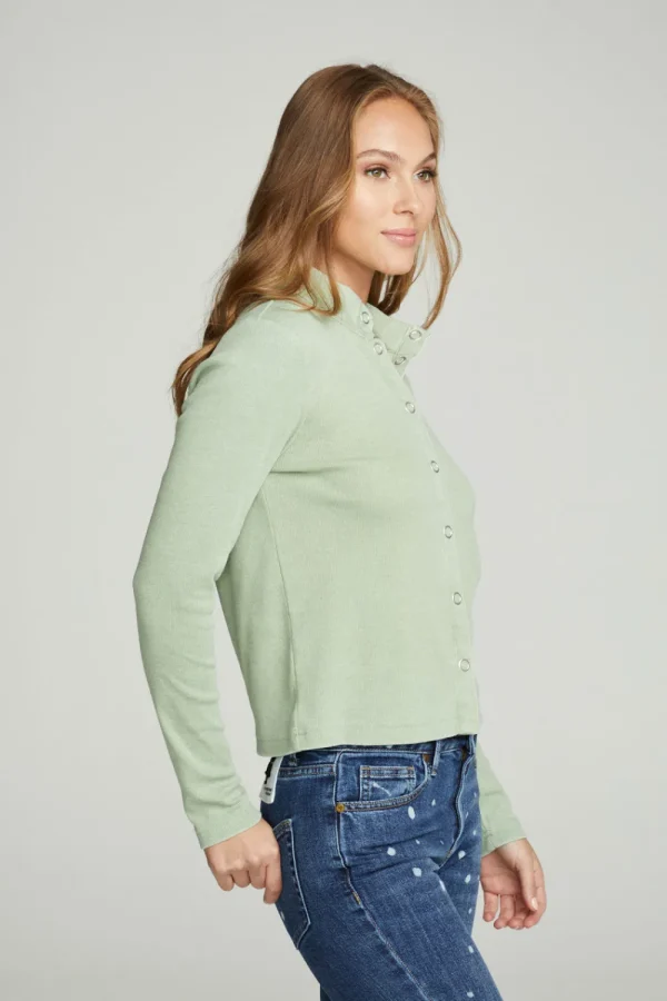 Fashion Long Sleeve Snap Front Mock Neck Tee Women Tops