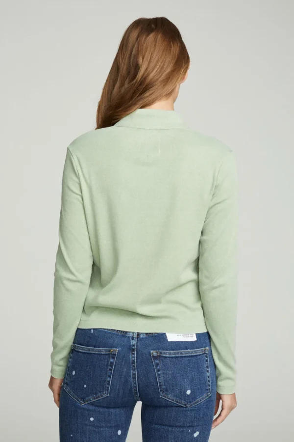 Fashion Long Sleeve Snap Front Mock Neck Tee Women Tops