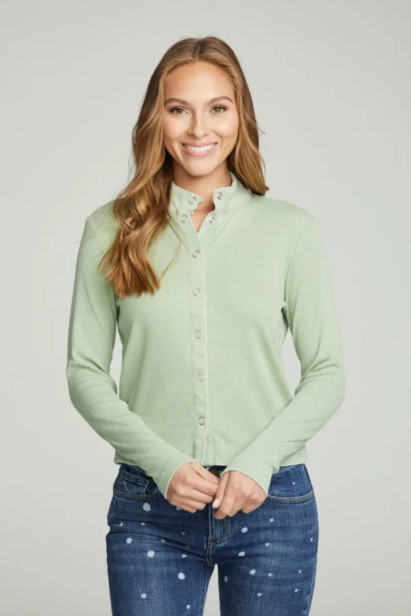 Fashion Long Sleeve Snap Front Mock Neck Tee Women Tops