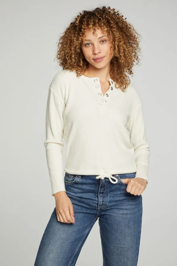 Online Long Sleeve Snap Henley Drawstring Waist Tee Women Tops