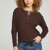Cheap Long Sleeve Snap Henley Drawstring Waist Tee Women Tops