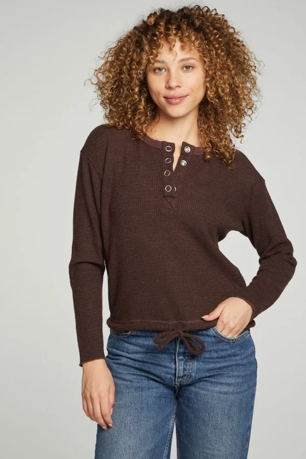 Cheap Long Sleeve Snap Henley Drawstring Waist Tee Women Tops