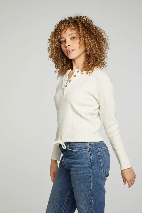Online Long Sleeve Snap Henley Drawstring Waist Tee Women Tops