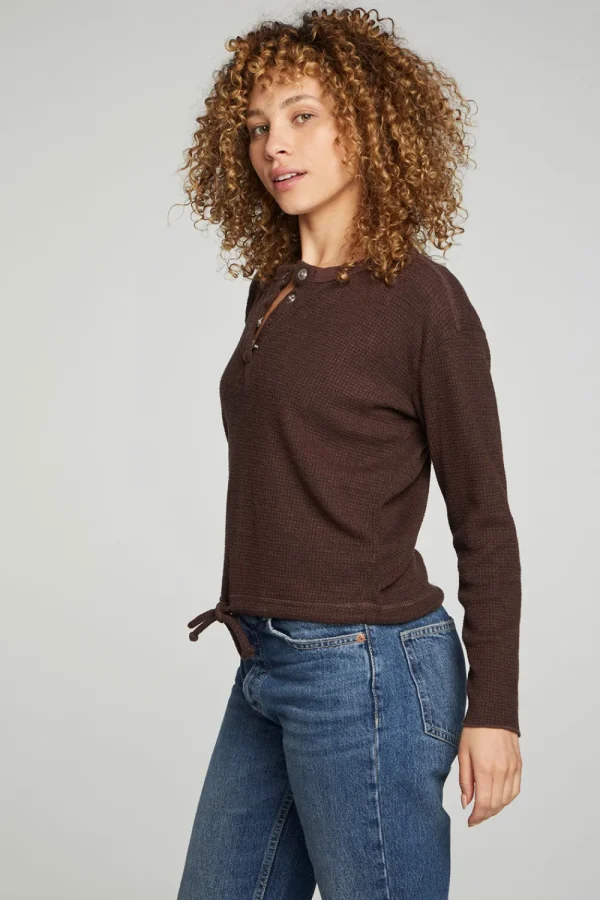 Cheap Long Sleeve Snap Henley Drawstring Waist Tee Women Tops