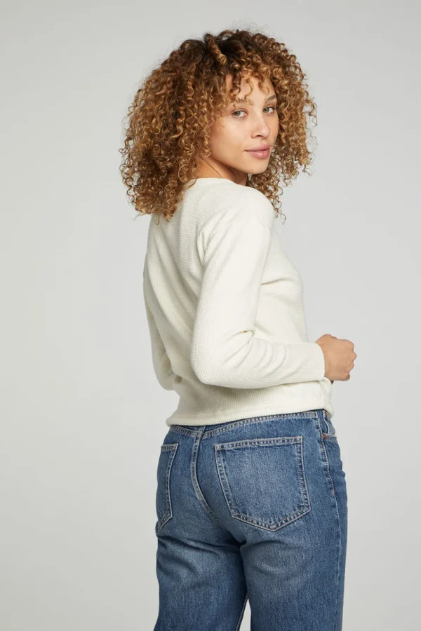 Online Long Sleeve Snap Henley Drawstring Waist Tee Women Tops