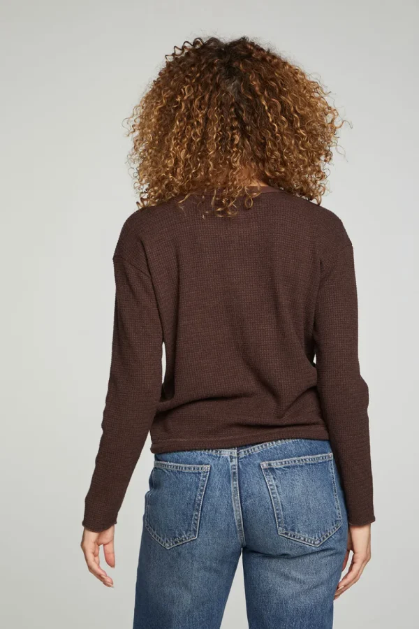 Cheap Long Sleeve Snap Henley Drawstring Waist Tee Women Tops
