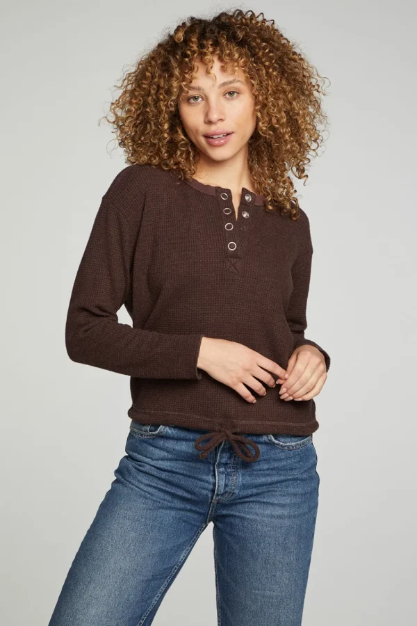 Cheap Long Sleeve Snap Henley Drawstring Waist Tee Women Tops