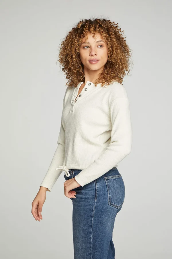 Online Long Sleeve Snap Henley Drawstring Waist Tee Women Tops