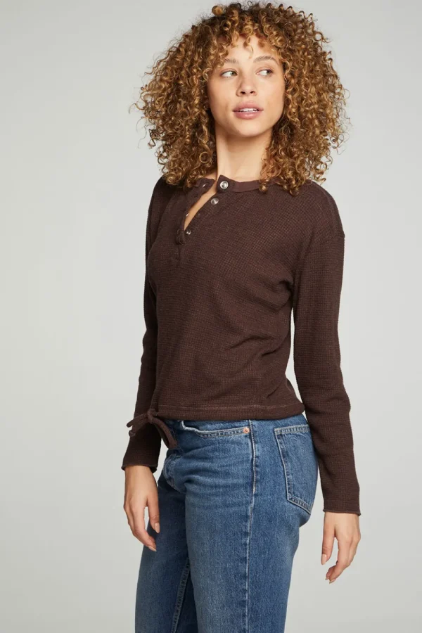 Cheap Long Sleeve Snap Henley Drawstring Waist Tee Women Tops