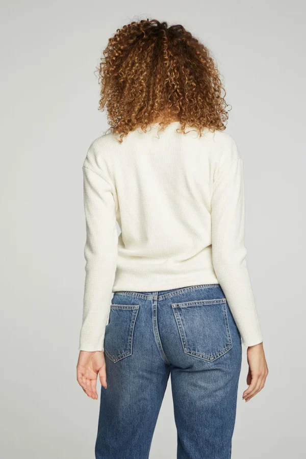 Online Long Sleeve Snap Henley Drawstring Waist Tee Women Tops