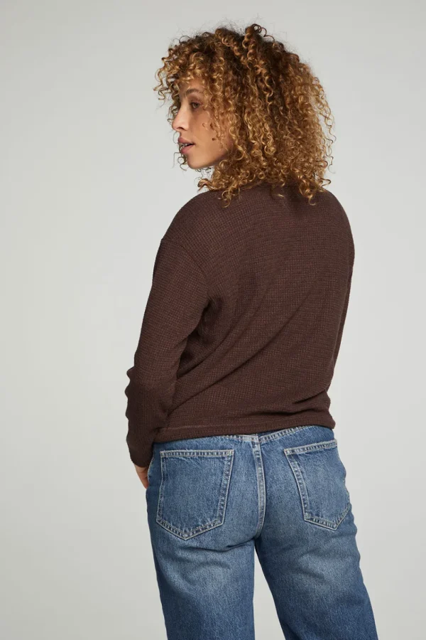 Cheap Long Sleeve Snap Henley Drawstring Waist Tee Women Tops