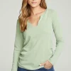 New Long Sleeve Split Neck Rouched Side Tee Women Tops
