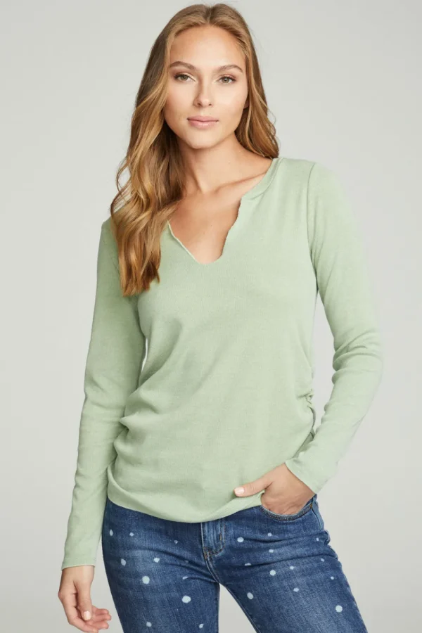 New Long Sleeve Split Neck Rouched Side Tee Women Tops
