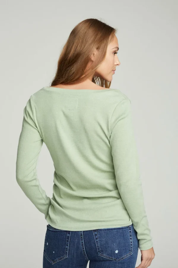 New Long Sleeve Split Neck Rouched Side Tee Women Tops