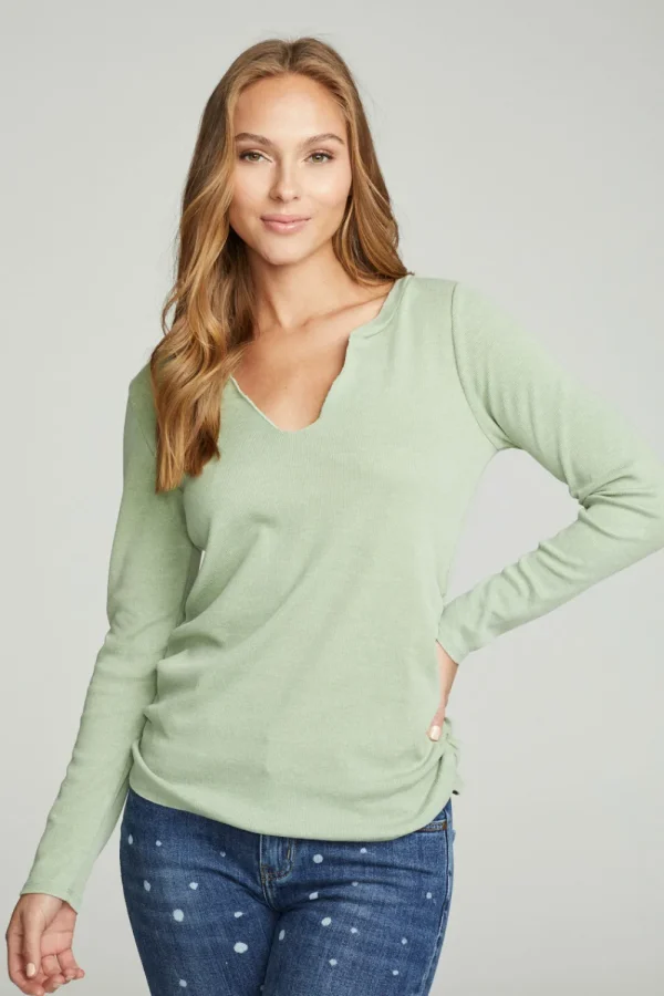 New Long Sleeve Split Neck Rouched Side Tee Women Tops